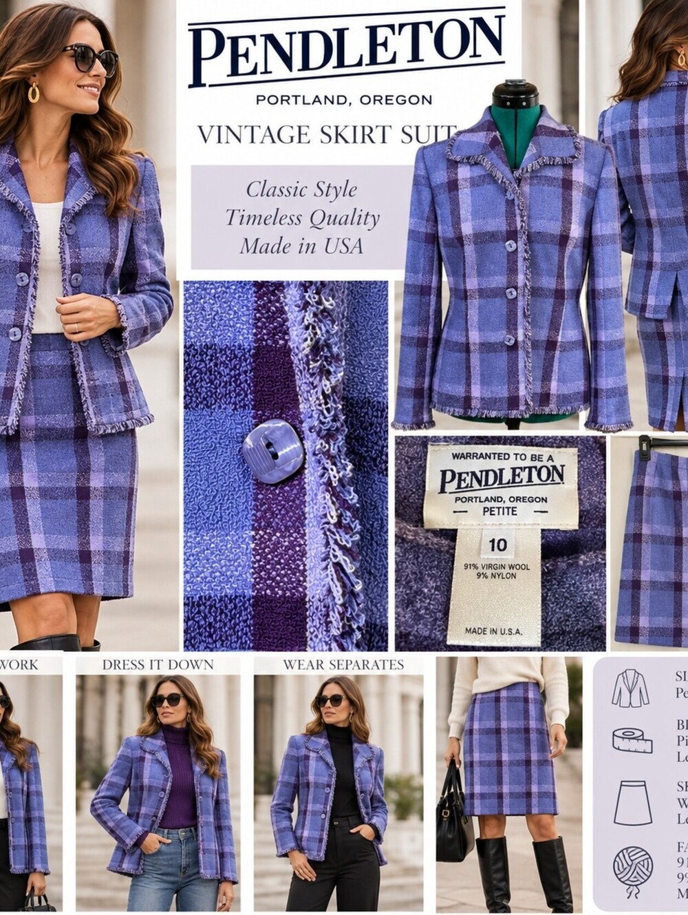 Pendleton Petite 10 Vintage Purple Plaid Wool Blazer Skirt Suit Set USA
